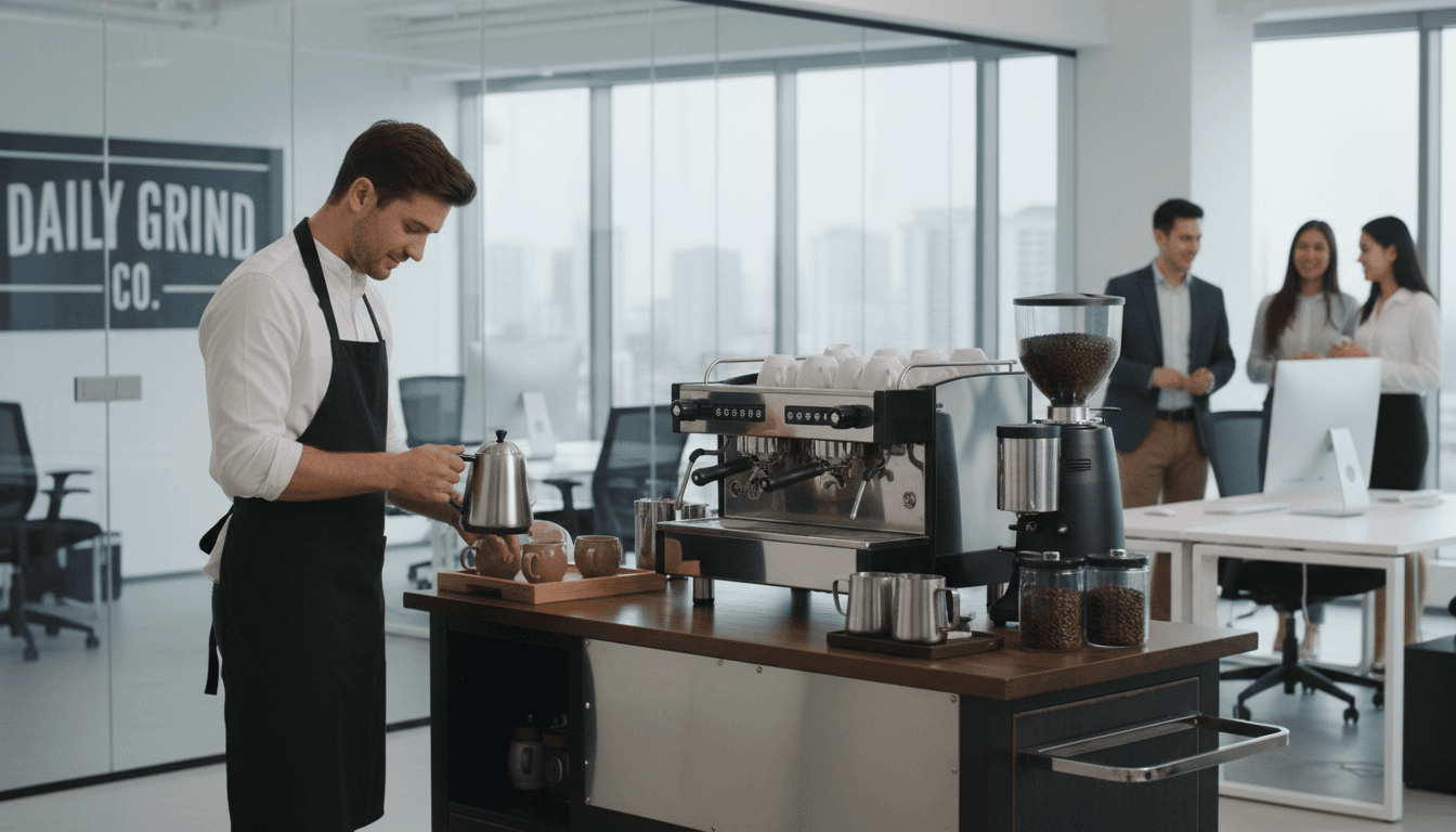 professional barista setting up portable coffee station at modern office