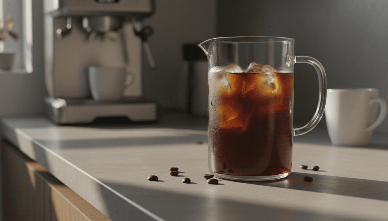 glass pitcher of cold brew coffee with ice cubes on counter