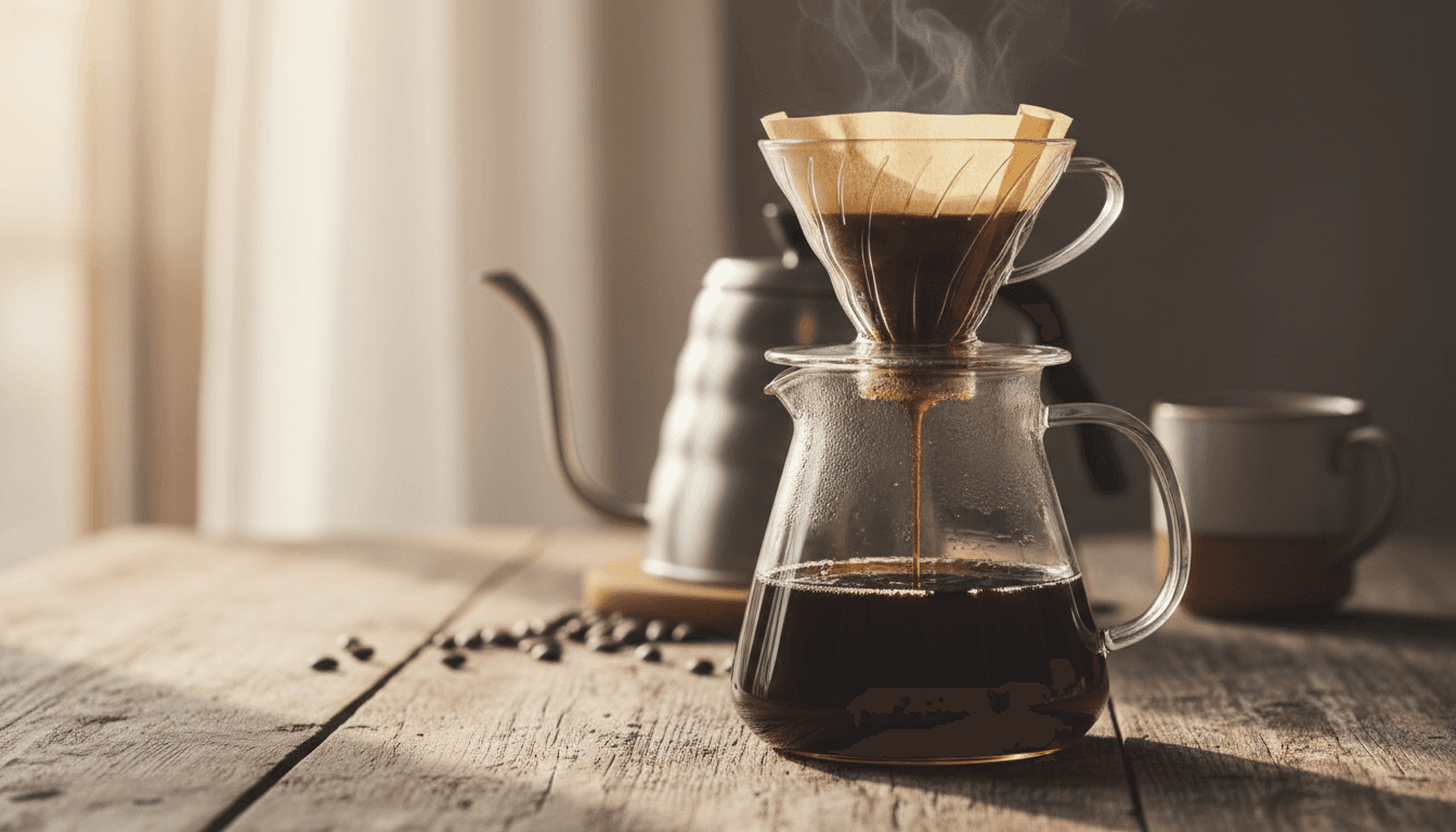 fresh brewed pour over coffee in glass carafe on wooden table