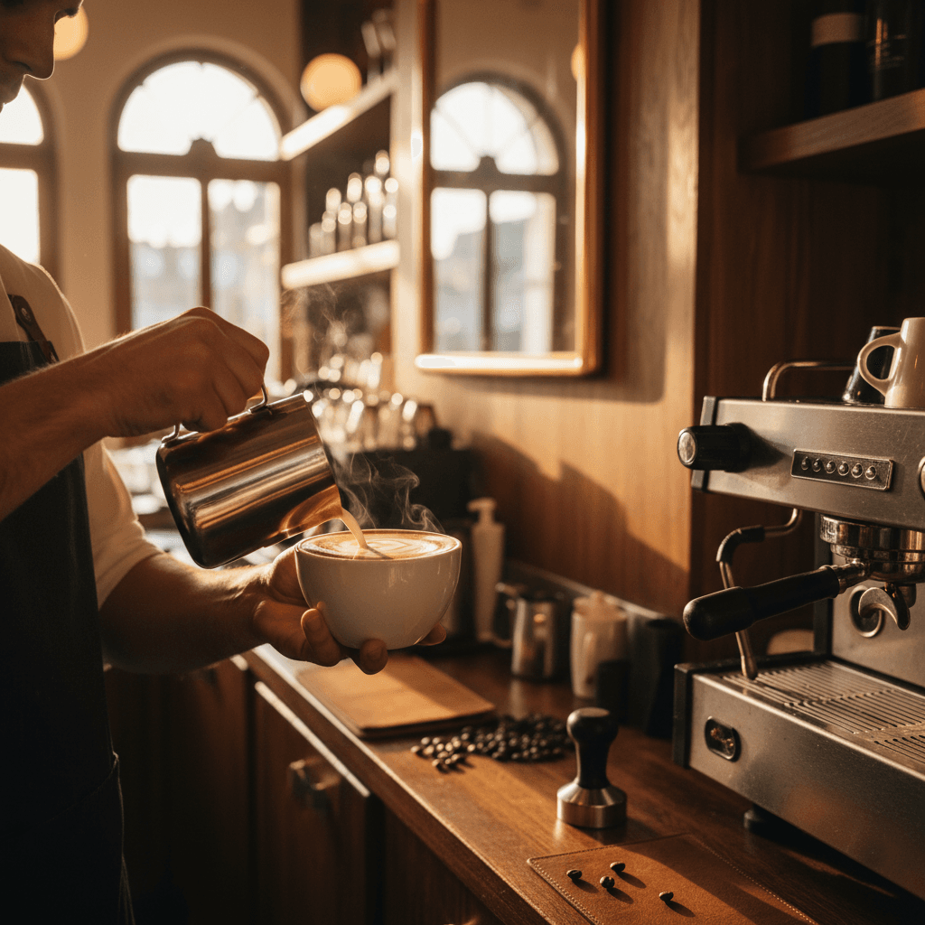 barista operating professional espresso machine at modern coffee bar with warm lighting